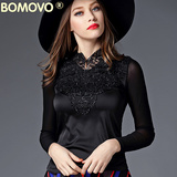 Bomovo2016初春新款欧美高档V领蕾丝拼接打底衫女黑色显瘦上衣女