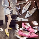 韩版牛漆皮女鞋2016新款尖头糖果色花朵鞋真皮浅口平底平跟女单鞋