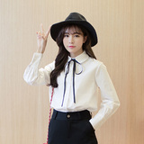 韩版少女长袖衬衫2016春季学院风中学生修身蝴蝶结薄款白色衬衣潮