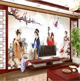 中式古典美女 客厅电视背景墙壁纸 大型壁画3d立体无纺布墙纸梅花