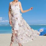 欧根纱连衣裙夏季印花两件套高端气质沙滩白色透视吊带背心长裙仙