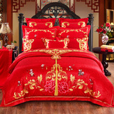 贡缎提花婚庆四六十件套 大红刺绣床品结婚被套床单1.8m床上用品