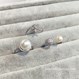 韩国时尚夸张大珍珠镶钻水钻开口花朵优雅925纯银高端婚戒戒指女