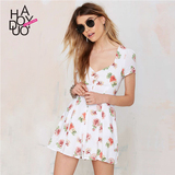 haoduoyi2016春夏装甜美玫瑰印花单排扣后背系带收腰泡泡袖连衣裙