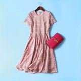 蕾丝连衣裙夏季修身显瘦中长款甜美长裙2016新款女装粉色裙子F629