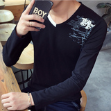 秋季男装新款韩版时尚休闲流行长袖圆领T恤潮流修身青少年打底衫