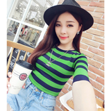 2016夏装新款 韩版修身显瘦撞色粗条纹针织衫 圆领短款中袖女T恤