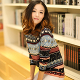 2015韩版秋冬新款名族风圆领气质女装针织衫花色多彩毛衣打底衫