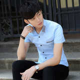 夏季衬衫男短袖修身韩版商务休闲 青少年尖领纯棉常规衬衣上衣潮