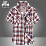 AFS JEEP夏季男士短袖衬衫纯棉大码休闲男装宽松薄款半袖格子衬衣