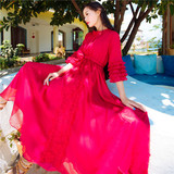 复古气质红色夏秋新款大摆连衣裙灯笼袖蕾丝雪纺修身长裙沙滩裙