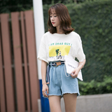 韩国夏季宽松圆领BF风短袖上衣女中长款字母风景卡通印花T恤 T034
