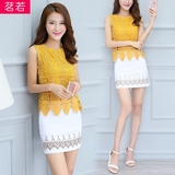两件套黄色镂空网格无袖蕾丝上衣夏季新款白色包臀短裙女装套装裙