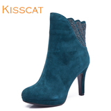 kisscat接吻猫 优雅羊皮圆头时尚超高跟短靴专柜K44721-01