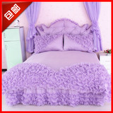 公主风韩式纯棉蕾丝四件套紫色全棉1.8m床双人纯色床裙式床单被套