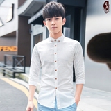 夏季亚麻白衬衫男青年韩版七分袖复古修身衬衣纯色棉麻短袖寸衫潮