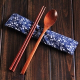 学生旅行日式木质筷子+勺子两件布袋套装 可爱便携式携带日本餐具