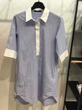 MO&Co.蓝白竖条纹前短后长中袖衬衫连衣裙短裙MA162SKT131 moco