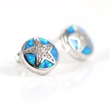 天然澳洲宝石纯银镶钻女士耳钉圆形海星星蓝色宝石耳环生日礼物