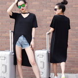 韩版短袖t恤女中长款2016夏季新款宽松大码前短后长休闲修身上衣