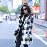 2015秋冬新款韩版修身女士格子呢子大衣中长款西装薄款毛呢外套潮