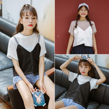 2016夏季新款纯色v领背心小吊带+简约短袖t恤女韩版学院风两件套