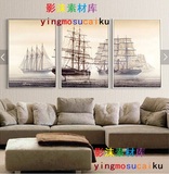 欧美复古现代风景油画图片 海帆船客厅沙发背景三联装饰画素材
