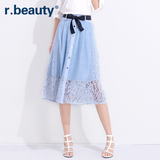 r．beauty2016夏新款大码女装蕾丝钩花镂空显瘦半身长裙r16B7087