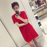韩国代购夏季新款时尚高端气质修身显瘦红色镂空蕾丝短袖连衣裙女