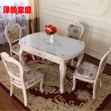 欧式餐桌椅 实木餐桌可伸缩冰花钢化玻璃餐桌椅 欧式圆形折叠餐桌