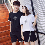 情侣装夏装新款2016韩版男女上衣短袖字母T恤套装韩国学生班服潮