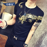 男士T恤韩版修身短袖夏季中国风 圆领大码霸气龙纹印花半袖打底潮