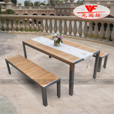 户外实木家具阳台长餐桌椅组合不锈钢柚木桌椅套件长桌长椅特价
