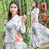 夏古风改良汉服套装裙女日常 中国风印花雪纺开衫半身长裙两件套
