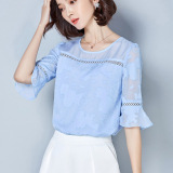 画艺比2016夏装新款女式韩版镂空荷叶边中袖套头纯色雪纺衫上衣