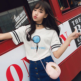 韩国ulzzang原宿bf少女装可爱条纹字母印花短袖T恤女学生衣服体恤