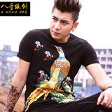 夏季中国风男装t恤圆领男潮韩版半截袖大码青年凤凰纹身体恤个性