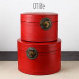 OTlife 软装摆设 酒店艺术品老北京圆形红色黑色漆盒
