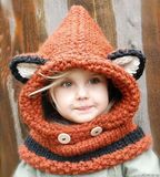 包邮秋冬新款女宝宝帽子狐狸毛线帽子围脖一体儿童保暖耳朵针织帽