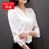 2016春季小衫女韩版新款潮套头V领泡泡袖纯白色雪纺衫女长袖衬衫