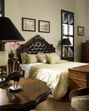 正品人气美式经典床头真皮软靠橡木实木雕花1米8高档欧式双人床