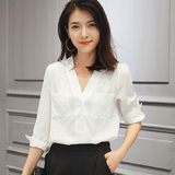 夏季韩版时尚百搭套头仿亚麻V领白衬衫休闲中袖修身职业ol衬衣女
