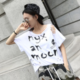 KAKOO欧美风夏季休闲短款T-shirt 英文字母印花棉质破洞短袖T恤女