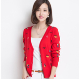2016春装新款针织开衫女韩版修身短款长袖刺绣百搭薄款羊绒外套