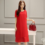 高端韩版女装大红色连衣裙雪纺宽松中长款短袖女裙子2016夏季新款