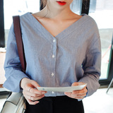韩国新款女装衬衫2016秋季韩版时尚小性感露锁骨双V领细条纹衬衣