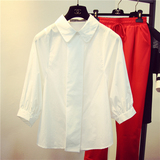 2015早秋新款韩国代购七分蝙蝠灯笼袖纯色宽松全棉衬衫女 白衬衣