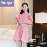Palglg2016夏季新款女装韩版性感露肩收腰显瘦荷叶袖假两件连衣裙