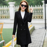 2016秋冬装新款韩版修身西装领黑色毛呢外套中长款羊毛呢子大衣女