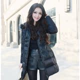 2015秋冬新款女装 韩版名媛气质修身网纱印花束带加厚羽绒服外套
